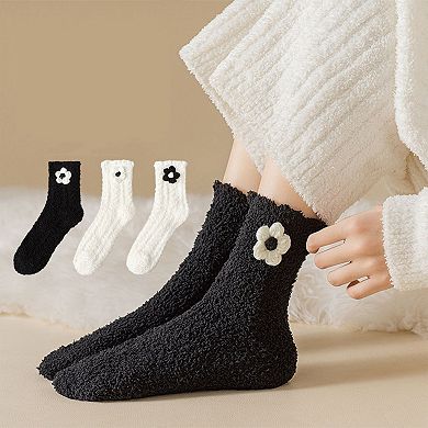 3-Pair Plush Fuzzy Socks with Crochet Flower Detail for Cozy Indoor Wear