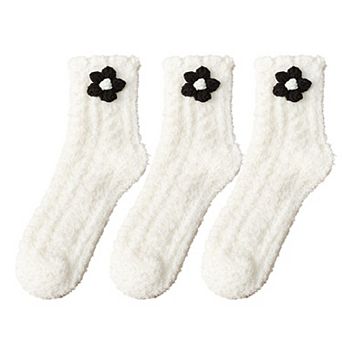 3-Pair Plush Fuzzy Socks with Crochet Flower Detail for Cozy Indoor Wear