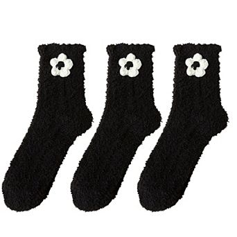 3-Pair Plush Fuzzy Socks with Crochet Flower Detail for Cozy Indoor Wear