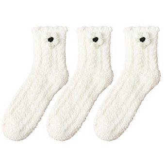 3-Pair Plush Fuzzy Socks with Crochet Flower Detail for Cozy Indoor Wear