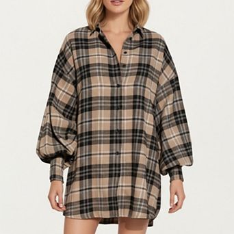 Women's Oversized Plaid Shirt Dress with Long Balloon Sleeves Button Front Collar Detail
