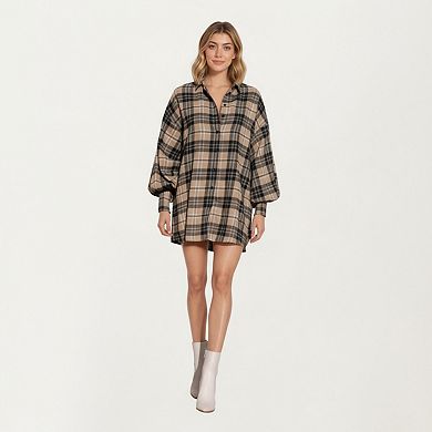 Women's Oversized Plaid Shirt Dress with Long Balloon Sleeves Button Front Collar Detail