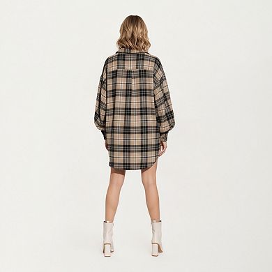Women's Oversized Plaid Shirt Dress with Long Balloon Sleeves Button Front Collar Detail