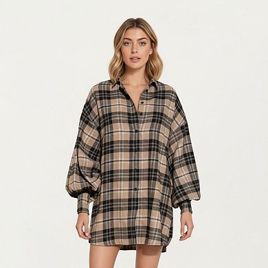 Women's Oversized Plaid Shirt Dress with Long Balloon Sleeves Button Front Collar Detail