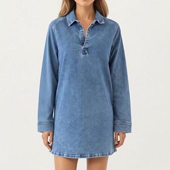 Women's Pullover Denim Tunic Dress with Soft Woven Fabric Split Neckline Long Sleeves
