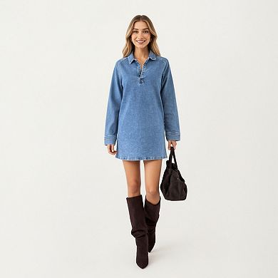 Women's Pullover Denim Tunic Dress with Soft Woven Fabric Split Neckline Long Sleeves