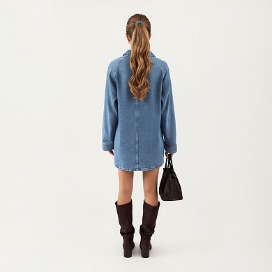 Women's Pullover Denim Tunic Dress with Soft Woven Fabric Split Neckline Long Sleeves