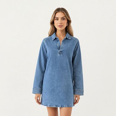 Women's Pullover Denim Tunic Dress with Soft Woven Fabric Split Neckline Long Sleeves