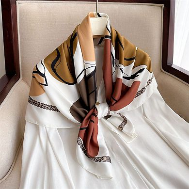 Women's Abstract Art Satin Square Scarf with Braided Border Trim 35.5x35.5in