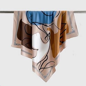 Women's Abstract Art Satin Square Scarf with Braided Border Trim 35.5x35.5in