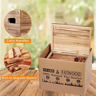 15 Lbs Fatwood Fire Starter Sticks with Wooden Box 100% Natural Kindling Pine Firewood Firestarter