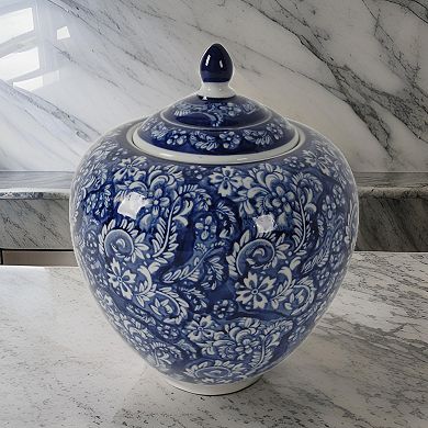 10 Inch Lidded Jar, Curved Round Persian Floral Print, Blue Porcelain