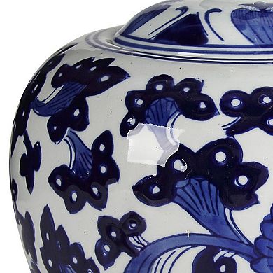 10 Inch Lidded Jar, Round Persian Floral Print, Blue And White Porcelain