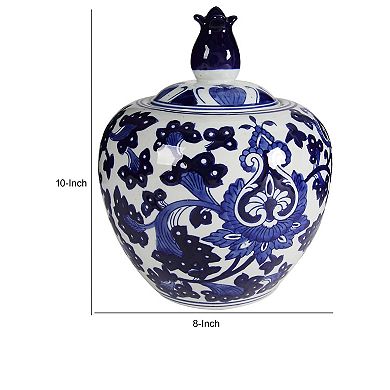 10 Inch Lidded Jar, Round Persian Floral Print, Blue And White Porcelain