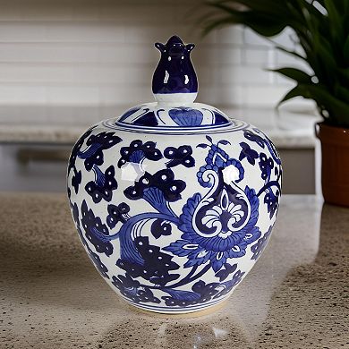 10 Inch Lidded Jar, Round Persian Floral Print, Blue And White Porcelain