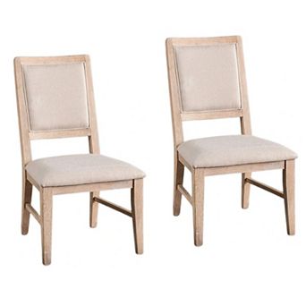 Ellon Side Dining Chair Set of 2, Distressed Natural Brown Wood, Beige Fabric