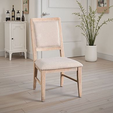 Ellon Side Dining Chair Set of 2, Distressed Natural Brown Wood, Beige Fabric