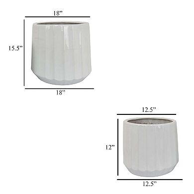 Fusie Planter Set of 2, Round, White Finish Ceramic, Vertical Faceted