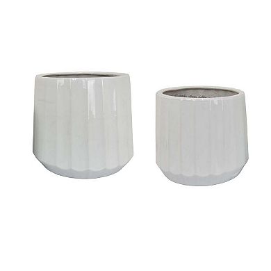 Fusie Planter Set of 2, Round, White Finish Ceramic, Vertical Faceted