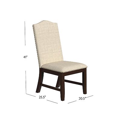 Dining Chair Set of 2, Scalloped Back, Cherry Wood, Beige Fabric