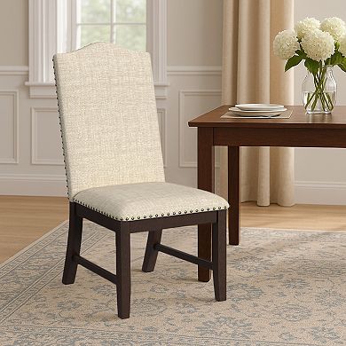 Dining Chair Set of 2, Scalloped Back, Cherry Wood, Beige Fabric