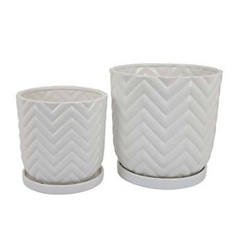 Camie Planter Set of 2, Saucers, Chevron Wave Patterns, White Ceramic