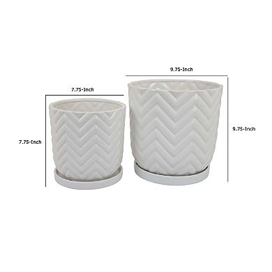 Camie Planter Set of 2, Saucers, Chevron Wave Patterns, White Ceramic