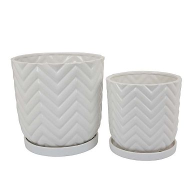 Camie Planter Set of 2, Saucers, Chevron Wave Patterns, White Ceramic