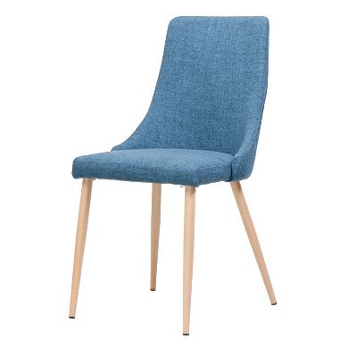 Dining Chair Set of 2, Blue Fabric Seat, Metal Frame with Wood Finish