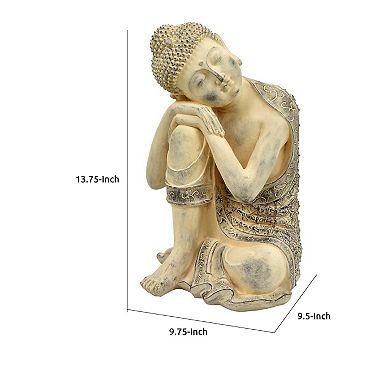 Decorative Resting Buddha Figurine, Antique Beige Resin, 14 Inch