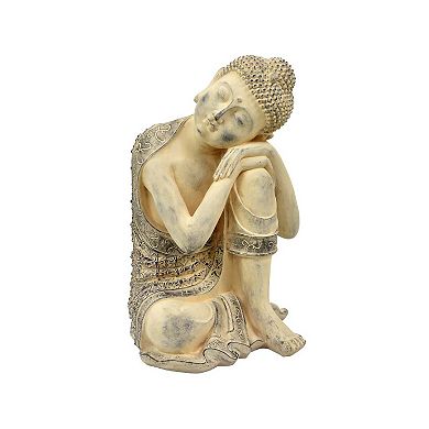 Decorative Resting Buddha Figurine, Antique Beige Resin, 14 Inch