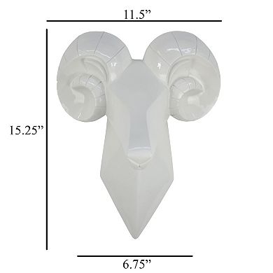 Ellena Ram Head Wall Decor, Modern Glossy White Resin Frame, 15 Inch