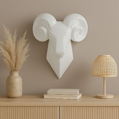 Ellena Ram Head Wall Decor, Modern Glossy White Resin Frame, 15 Inch