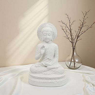 Enlightened Meditating Divine Buddha Statue, White Resin, 14 Inch