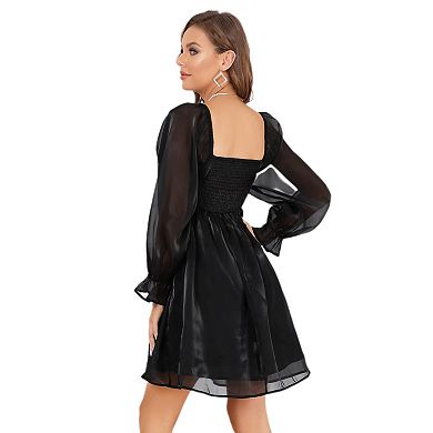 Womens Puff Sleeve Square Neck Puffy Dress Babydoll Mesh MiniDress