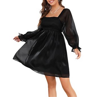 Womens Puff Sleeve Square Neck Puffy Dress Babydoll Mesh MiniDress