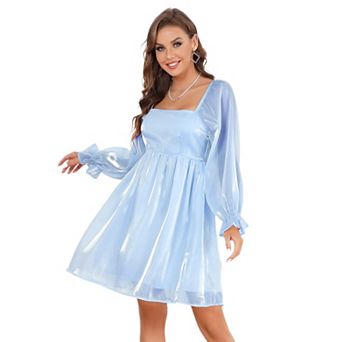 Womens Puff Sleeve Square Neck Puffy Dress Babydoll Mesh MiniDress