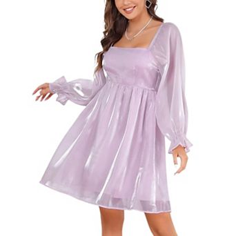 Womens Puff Sleeve Square Neck Puffy Dress Babydoll Mesh MiniDress
