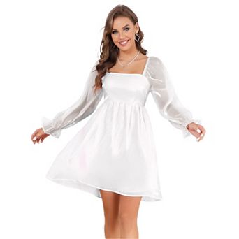 Womens Puff Sleeve Square Neck Puffy Dress Babydoll Mesh MiniDress