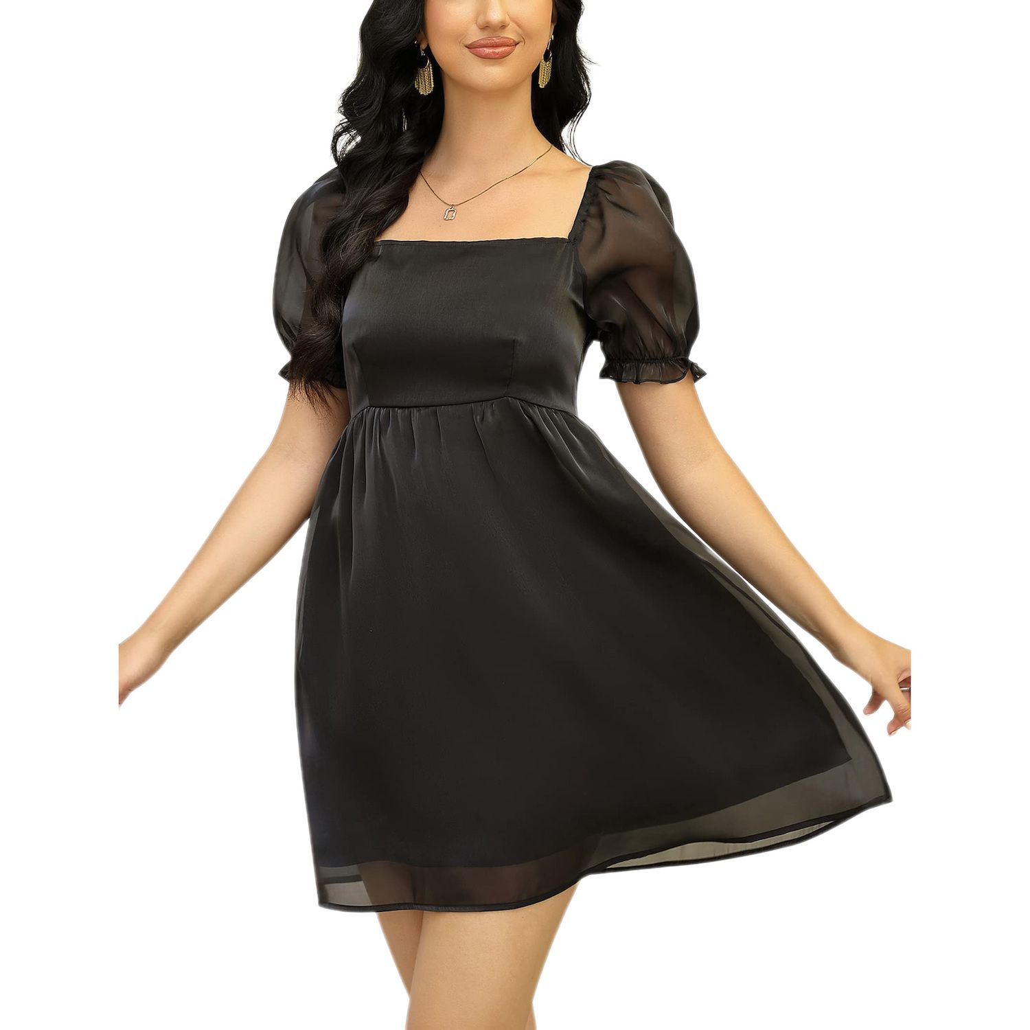 Женские платья Puff Short Sleeve Square Neck Puffy Dress Babydoll Mesh Mini Dress