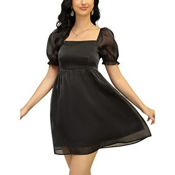 Womens Puff Short Sleeve Square Neck Puffy Dress Babydoll Mesh Mini Dress