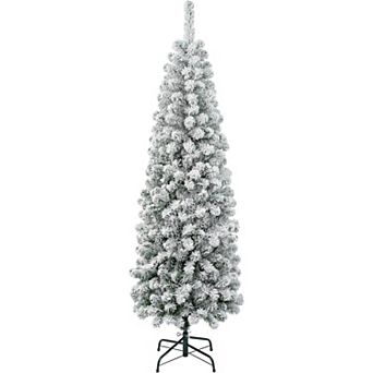 7FT Snow Flocked Artificial Christmas Tree Pre-Lit Hinged Pine with LED