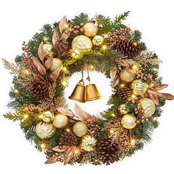 Fancihabor 24 in Christmas Wreath Pre-Lit Green with Balls Pine Cones Bells for Wall Window Door