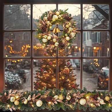 Fancihabor 24in Christmas Wreath Pre-Lit Green with Balls Pine Cones Bells for Wall Window Door