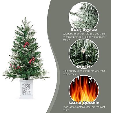 3FT Pre-Lit Artificial Mini Christmas Tree with Lights and Flower Pot