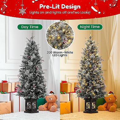 2PCS 4.5FT Prelit Premium Snow Flocked Christmas Tree 8 Modes Snowflake Base