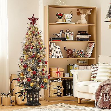 2PCS 4.5FT Prelit Premium Snow Flocked Christmas Tree 8 Modes Snowflake Base