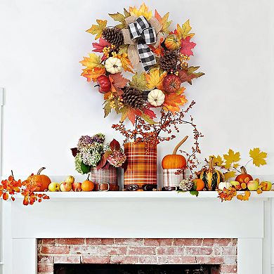 Fancihabor 22in Fall Wreath Orange with Pumpkins Maple Leaves for Front Door Wall Porch