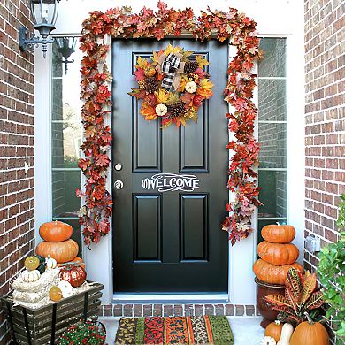 Fancihabor 22in Fall Wreath Orange with Pumpkins Maple Leaves for Front Door Wall Porch