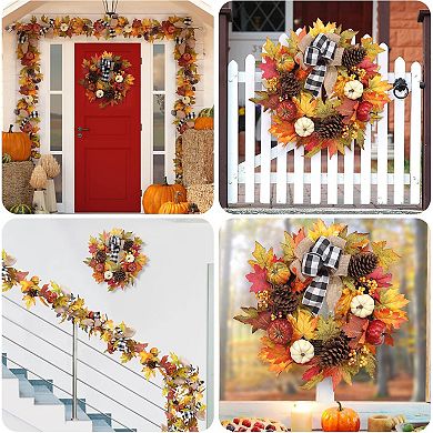 Fancihabor 22in Fall Wreath Orange with Pumpkins Maple Leaves for Front Door Wall Porch